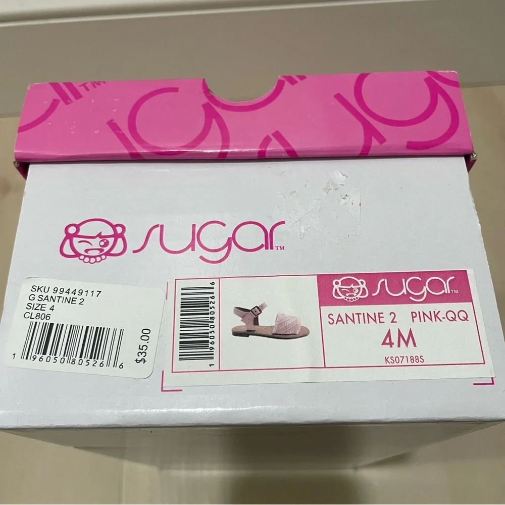 NIB Sugar Girl's Youth Size 4 Kid's Santine 2 Pink Flat Sandals Ankle Strap